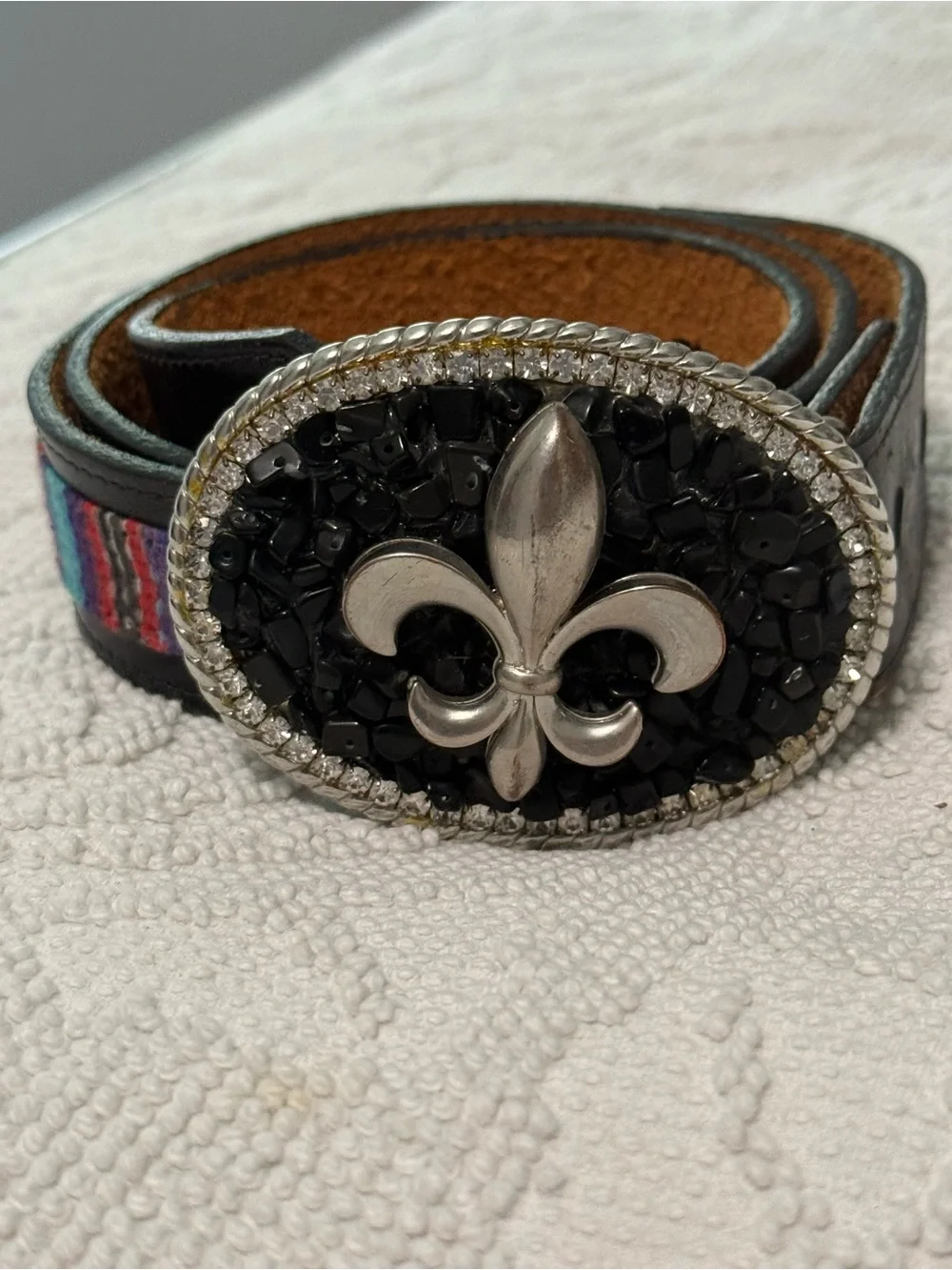 Western Top Grain Bridle Leather Belt Fleur De Lis Rhinestone Buckle Black 34